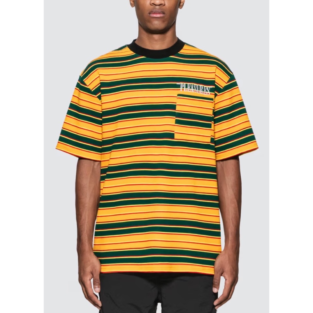 PLEASURES • Yellow/Green Stripe Chainsmoke Short-Sleeve Tee, M